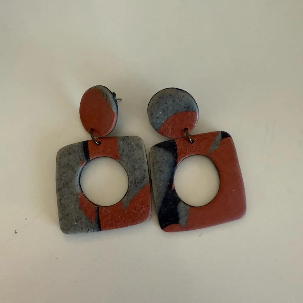 Grey Orange Handmade Clay Geometric Earrings